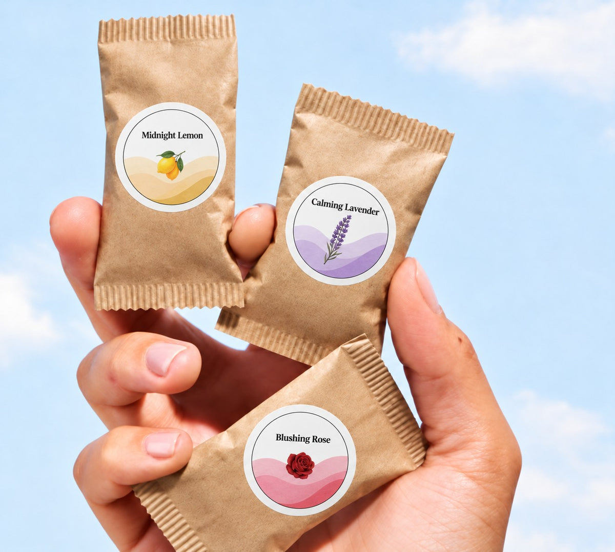 Tre North Swan refill-tabletter med etiketterne Midnight Lemon, Calming Lavender og Blushing Rose holdt i to hænder