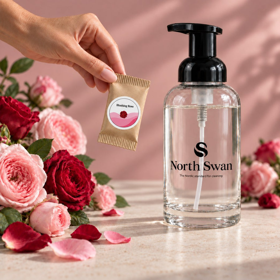 North Swan glasflaske med Blushing Rose refill-tablet og roser