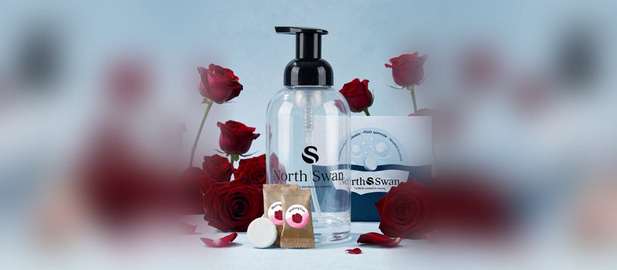 Swanflaske med Blushing Rose refill-tabletter og røde roser