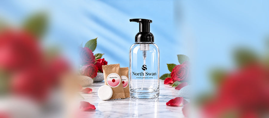 North Swan Starter Kit Rose med glasflaske, refill-tabletter og røde roser