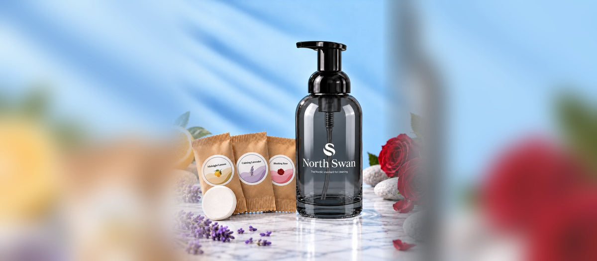 North Swan Swanflaske i Sort med refill-tabletter i Midnight Lemon, Calming Lavender og Blushing Rose