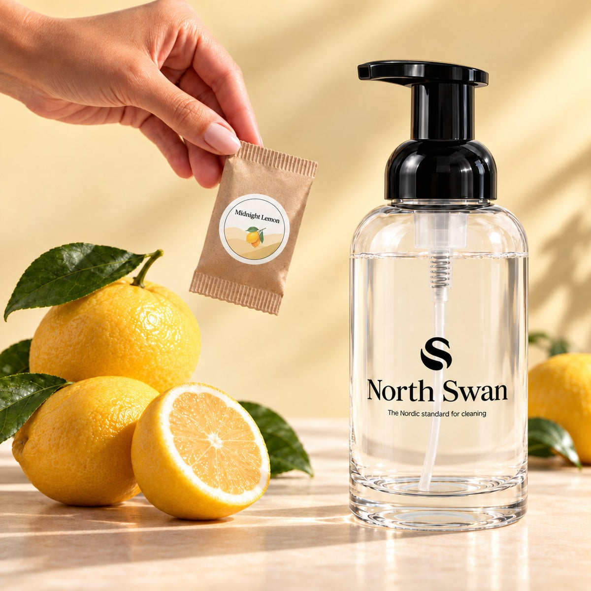 North Swan glasflaske med refill-brev i duften Midnight Lemon og friske citroner